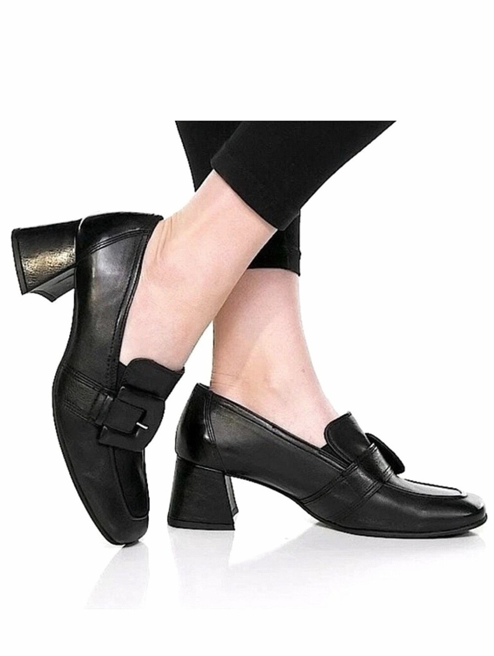 Paul Green Robin Loafer Pump US 8.5 Black Leather Square Toe Slip-On Buckle
